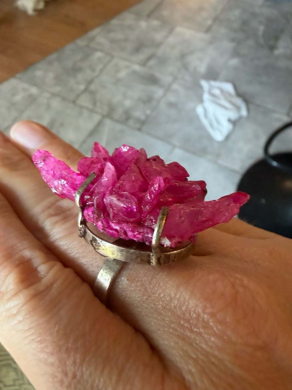 Handmade Pink Crystal Cluster Statement Ring Silver Plated